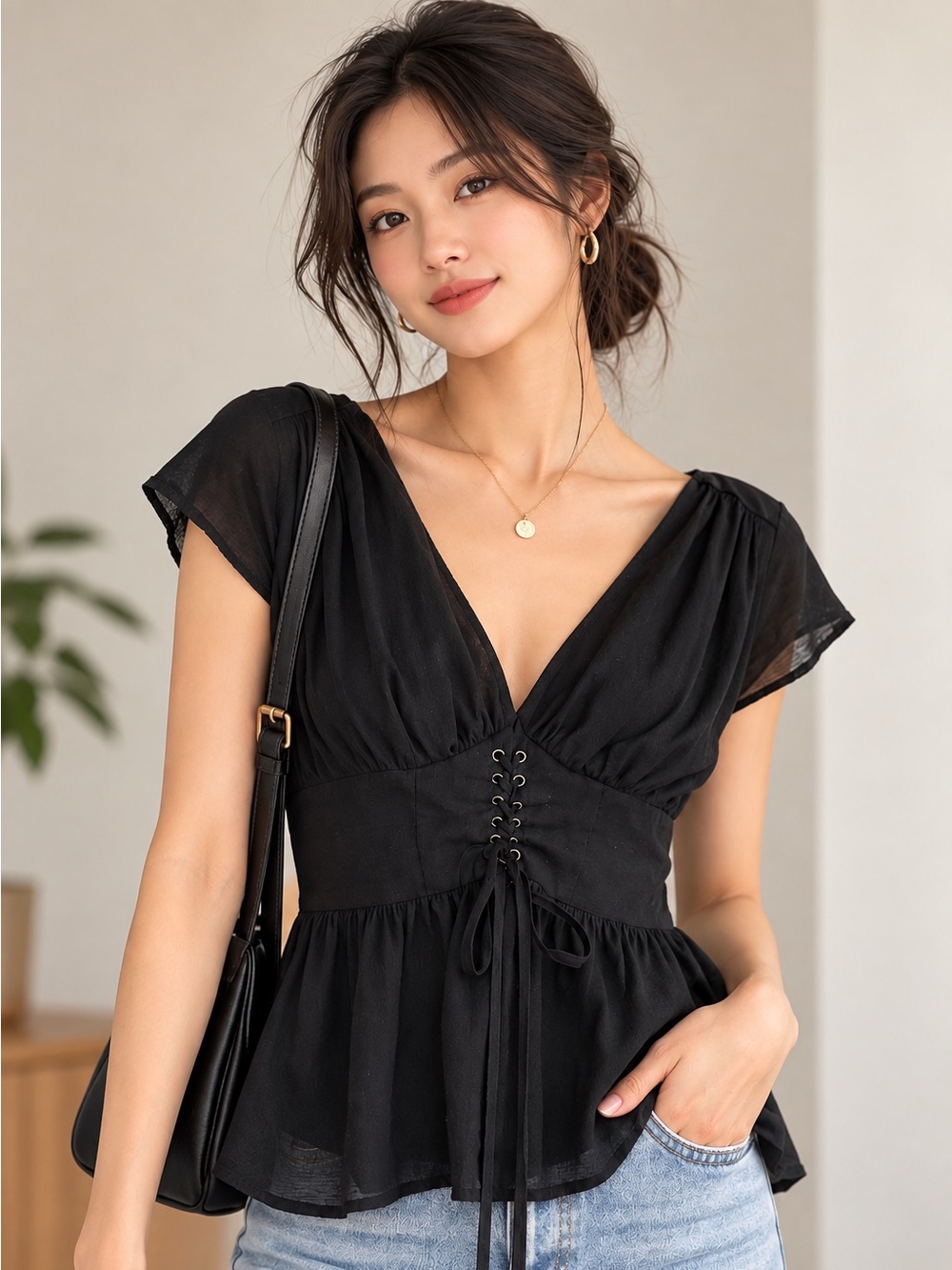 🌸 Future Collective x Reese Blutstein Black Corset Peplum Blouse — XS / 2–4